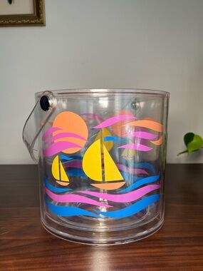 1986 Acrylic R. Johnson ice bucket Sailboat sun and colorful 80’s vintage vibe